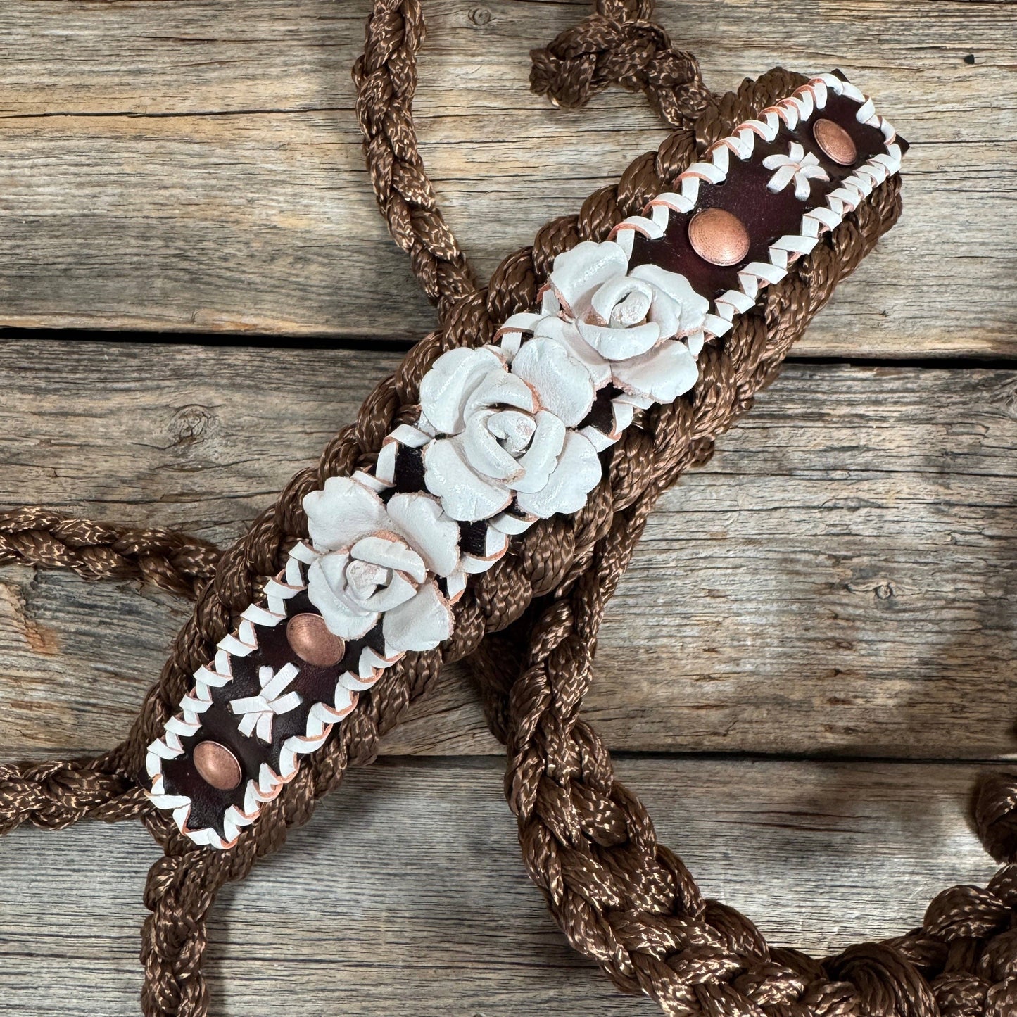 Brown Mule Tape Halter - White Roses
