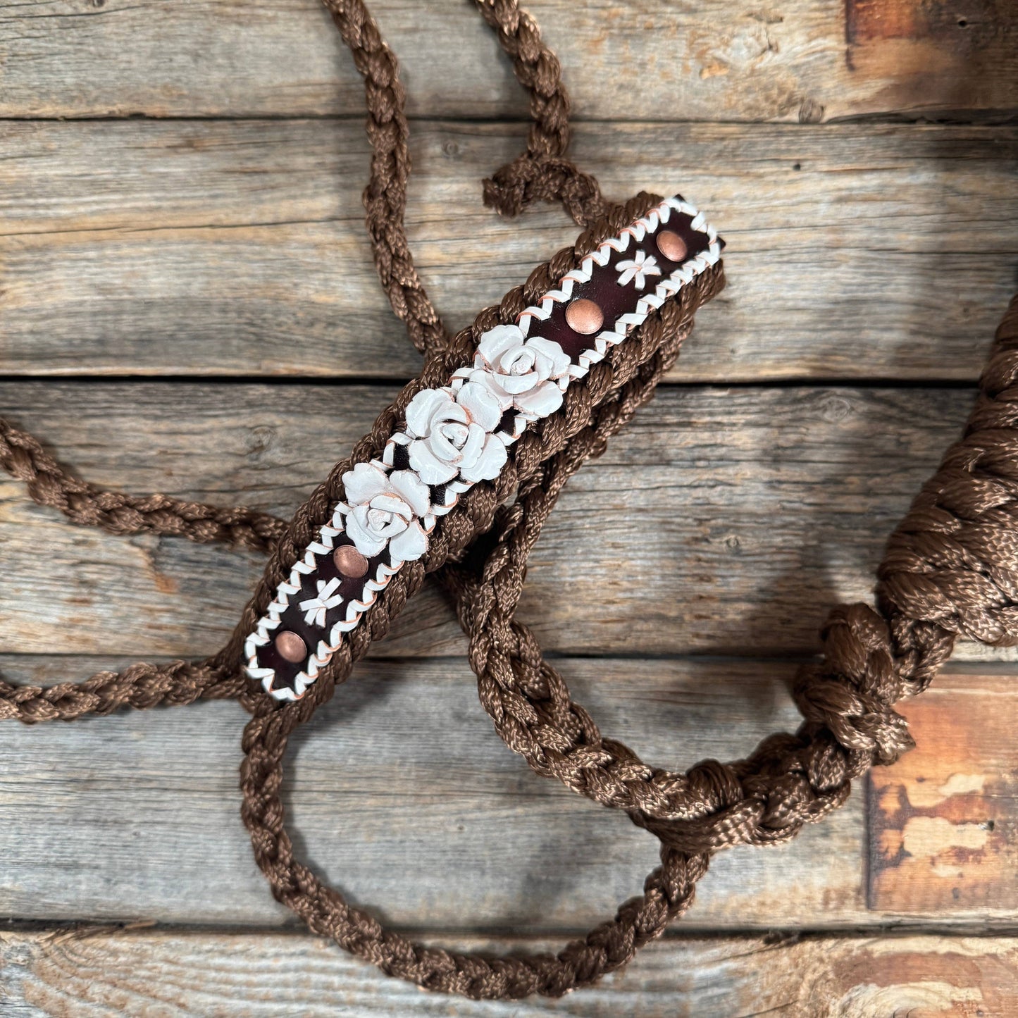 Brown Mule Tape Halter - White Roses